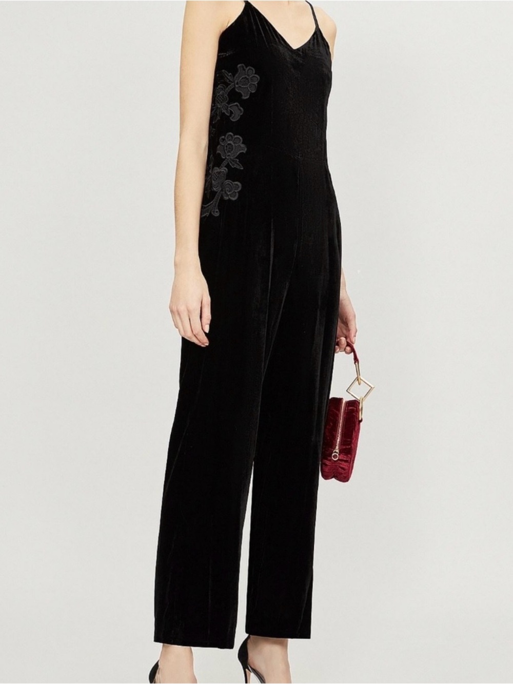 Sandro Paris Black Embroidered Velvet Jumpsuit Size 36 US 4